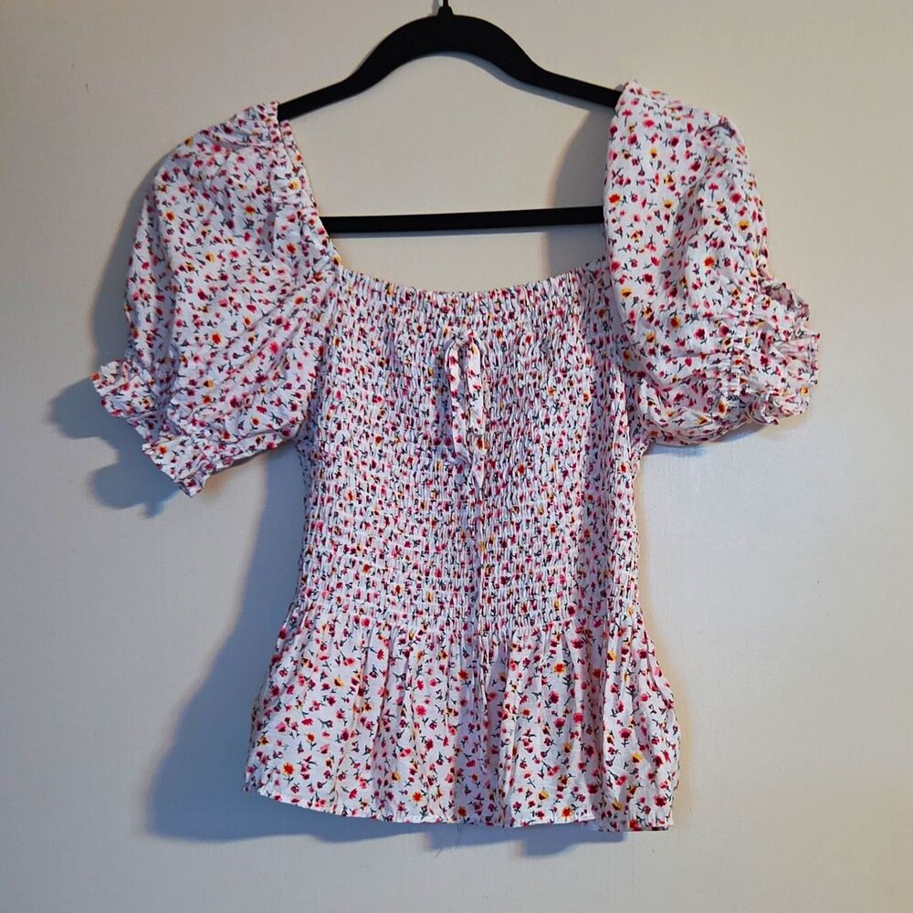 Indigo Rising White Floral Smocked Peplum Puff Sleeve Square Neck Blouse, M
